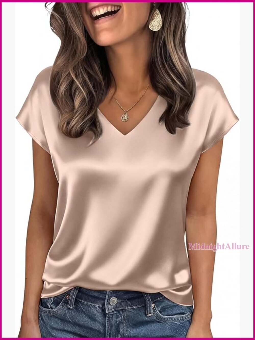 Satin V-Neck Cap Sleeve Blouse Business Casual Top Lightweight